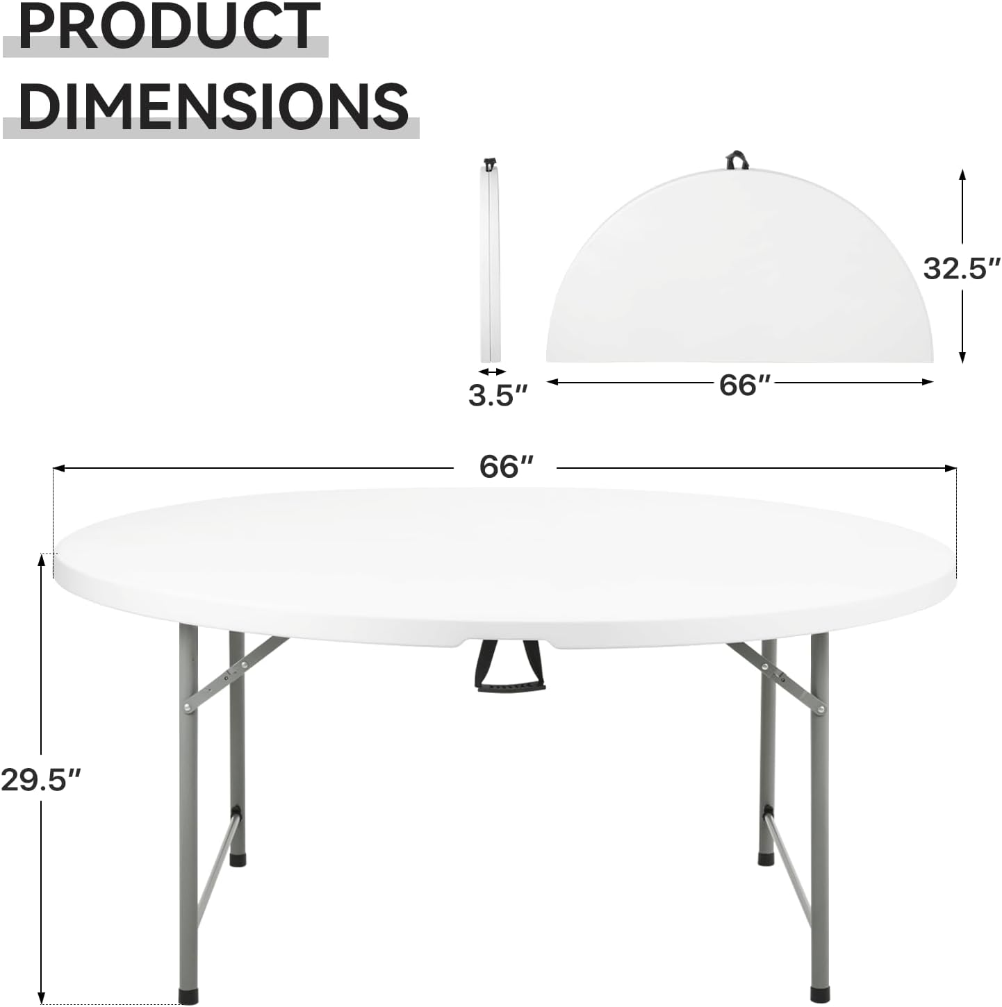 65" Round Folding Table, Collapsible Camping Table, Rectangular Picnic Table with Steel Frame, Stable Legs Design, Easy Carry and Storage, Folding Tables for Indoor Outdoor, White