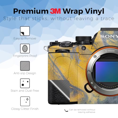Image of Glossy Glitter Camera Skin Compatible with Sony Alpha A7 Mark V (2025) - Yellow Spill - Premium 3M Vinyl Protective Wrap Decal Cover - Easy to Apply | Crafted in the USA by MightySkins