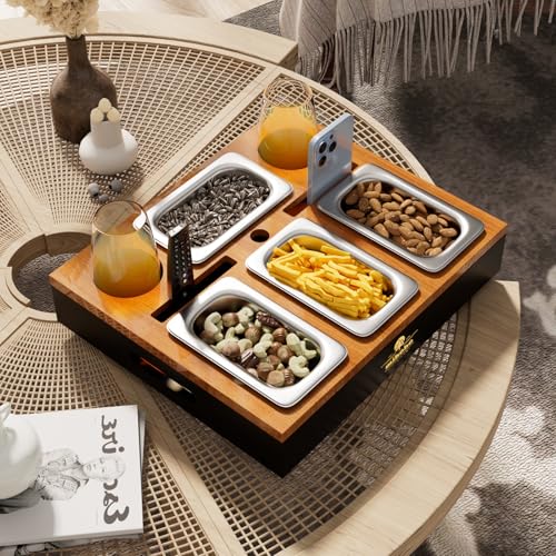 Couchbar, Sofa Organizer auf dem Beistelltische Couchtisch, Couchbar Holz als Bier Geschenke für Männer, Sofatablett Mit Vier Snackschalen und Mehrere Lagerplätze (schwarz)