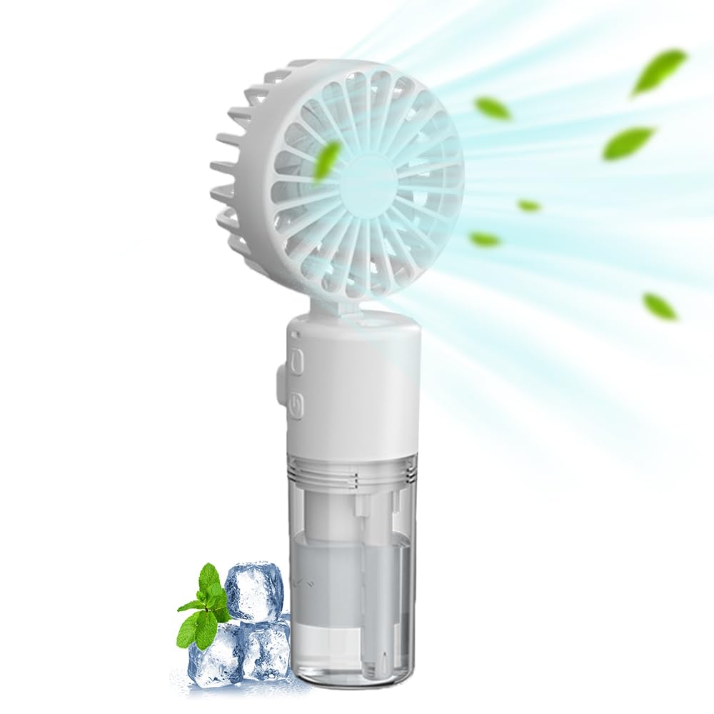 Pouway Portable Hand Fan with Mist Spray, Handheld Misting Fan, with Transparent Tank Water Replenisher, Mini Foldable Fan Portable Hand Standing Up - Ultra Quiet Lightweight for Travel