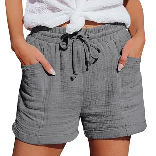 riou Pantalones Cortos Mujer Verano Frescos Lino Algodon Cintura Elástica y Cordón Ajustable Casual Bolsillos Bermudas Elegante Pantalones Cortos Sueltos para Playa Diario Yoga