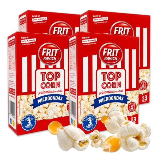 Palomitas Saladas Microondas Frit Ravich, Palomitas de maíz saladas, Elaboradas con maíz especial para palomitas, grasa vegetal de palma y sal, Sin gluten, Vegano, Pack 12 Unidades