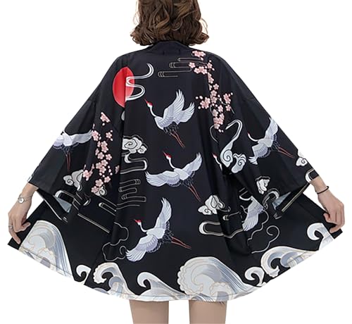 LAI MENG FIVE CATS Women's Floral Print Puff Sleeve Loose Blouse Japanese Kimono Cover up Casual Cute Tops