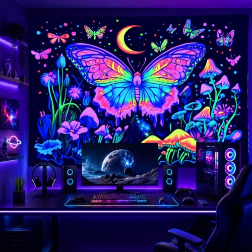 Image of BlissYard Neon Blacklight Tapestry Banner 79x59 Inch Butterfly Mushroom Moon Neon Tapestry Celestial Garden Aesthetic Bohemian Reactive Decor Decration Glow In The Dark Banners Decration Black Light Tapestries