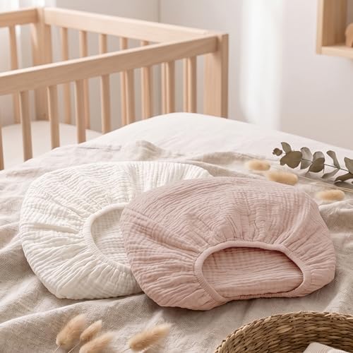 Image of Muslin Bassinet Sheets 2 Pack, Soft Breathable Fitted Sheets for Bedside Sleeper Bassinet, 33x20 Inch, Snug Fit Baby Bassinet Mattress Cover for Newborn Boys Girls (Gentle Colors)