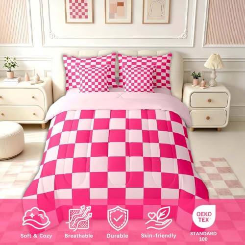 Image of Feelyou Checkered 7 Piece Bedding Set Teen Women Boho Modern Cute Aesthetic Decorative Girly Comforter Set with Sheets Full Size Kids Boys Geometric Chic Bed in a Bag Pink White Plaid Room Decor