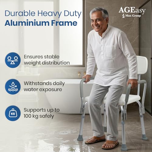 Image of AGEasy (Max Group) Safesit Shower Chair for Seniors | Adjustable Bath Stool with Padded Armrests & Back | Shower Chair with Removable Back & Height Adjustable Legs for Bathroom, Bathtub