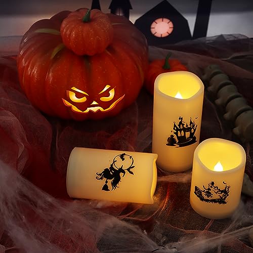 Image of CANDLE CHOICE Waterproof Outdoor Battery Operated Flameless Pillar Candles with Remote Timer Realistic Flickering Electric LED Lights with Skull Witch Castle Decals for Halloween Decorations 3 Pack