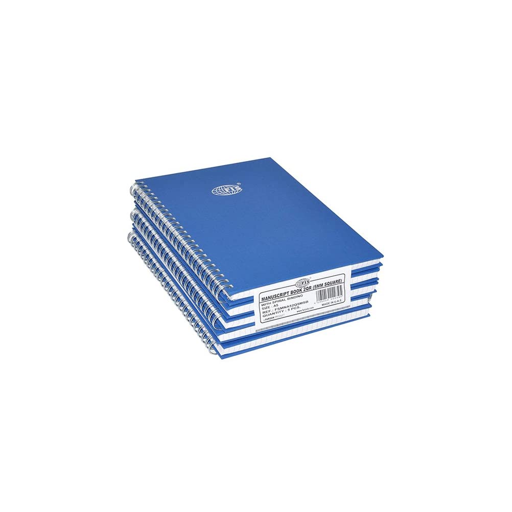 FIS5 mm Square Lines 96 Sheets Manuscript Book with Spiral 5-Pack, 2 Quire Size, Blue, FSMNA52Q5MSB, Manuscript