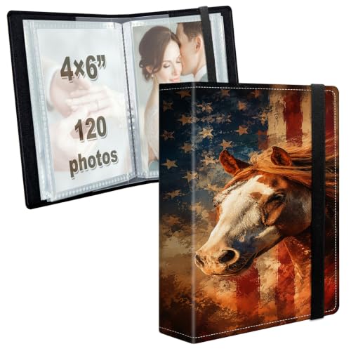Image of Photo Album 4x6 120 Photos with Strong Elastic Band, American Flag Horse | Large Capacity Premium Leather Picture Album, Portable Wallet Albums Photo Book for Family Anniversaries Wedding Baby