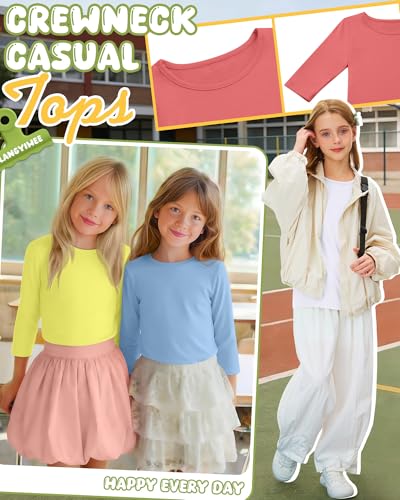 Image of 4 Pack Girls 3 /4 Sleeve T Shirts Kids Crewneck Elbow Sleeve Casual Tops Solid Basic Cute Teen Tees 5-14Y