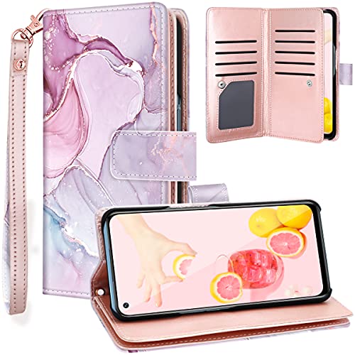 Fingic OnePlus Nord N200 5G Case, OnePlus Nord N200 5G Wallet Case, Rose Gold Marble 9 Card Holder PU Leather Detachable Wrist Strap Wallet Case for Women Girls Cover for OnePlus Nord N200 5G 2021