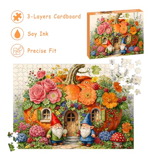 Puzzle para adultos de 500 piezas, decorado con flores y calabaza - Casa de gnomos calabaza, puzzle imposible para seniors y familias, 20.47 x 14.96 pulgadas miniatura 4