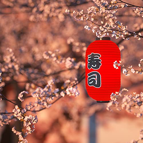 Image of Traditional Japanese Style Red Silk Hanging Sushi Bar Lantern 10x18 Inch, ZUEXT Set of 4 Waterproof Festive Indoor Outdoor Lanterns Home Yard Sushi Ramen Restaurant Decoration