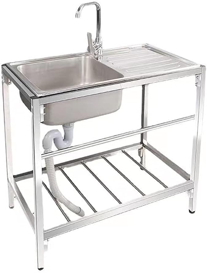 Stainless Steel Commercial Kitchen Prep & Utility Sink,Kitchen 304 Stainless Steel Sink, Integrated Countertop, Household Simple Kitchen Sink, Single Sink with Stand, Dishwashing Sink