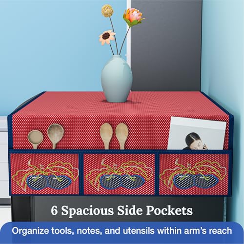Image of Kuber Industries Cotton Fridge Top Cover | Washable & Anti-Dust Refrigerator Top Cover with 6 Utility Pockets for Kitchen | Polka Dot - Red