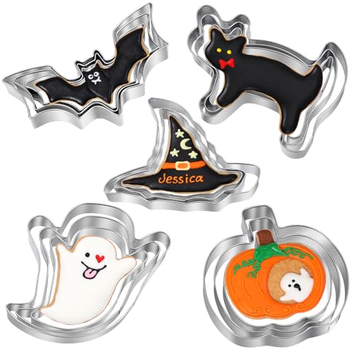 Halloween Cookie Cutters Set - 15 Pcs Stainless Steel Holiday Cookie Cutter with 5 Shapes - Pumpkin, Ghost, Bat, Cat and Witch's Hat Cookie Molds for Halloween Food Party Decorations