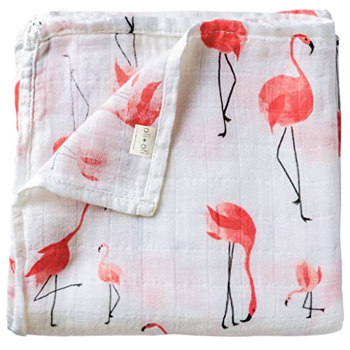 Image of Ali+Oli Muslin Swaddle Blanket for Baby (Flamingo) Large 47 inch x 47 inch Soft Rayon Made from Bamboo & Organic Cotton, Machine Washable Receiving Blanket Wrap for Newborn to Toddler