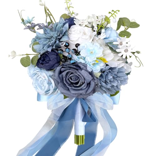 SilkRoselw 9 Inch Dusty Blue White Wedding Bouquets for Bride