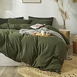mixinni Luxury Solid Color 3 Pieces Duvet Cover Set Queen Green 100% Natural Washed Cotton 1 Duvet Cover 2 Pillowcases Hotel Quality Soft Breathable Hypoallergenic with Zipper Ties-Full/Queen