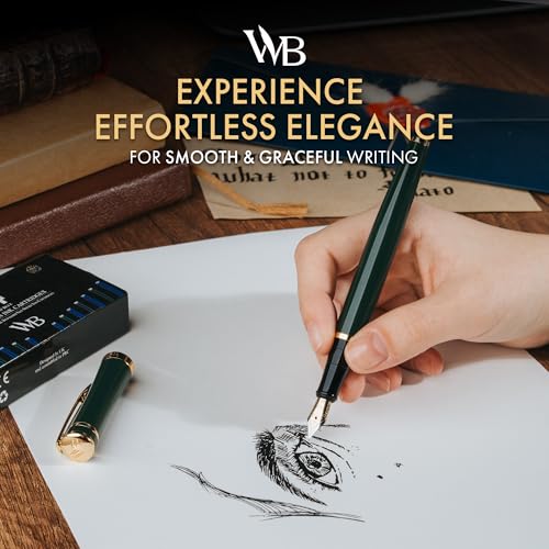 Image of Wordsworth & Black Fountain Pen Set for Writing, Extra Fine Nib, Green | Gift for Men & Women, Brass Body, 18K German Iridium, Calligraphy, Converter + 24 Ink Cartridges, Refillable, Leak-Free