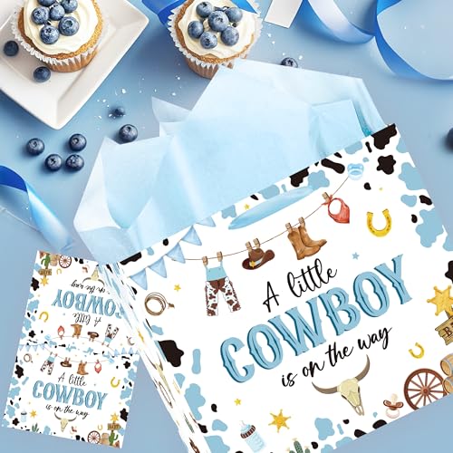 EoBeCy A Little Cowboy is On The Way Baby Gift Bags for Boys, Cute Baby Boy Gift Bag with Tissue Paper and Greeting Card, Western Wrapping Paper for Baby Shower Birthday Party Supplies - Thumbnail 2