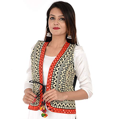 Image of Craft Trade Women's Cotton Embroidered Kutchi Jacket with Tassels Sleeveless Mirror Work