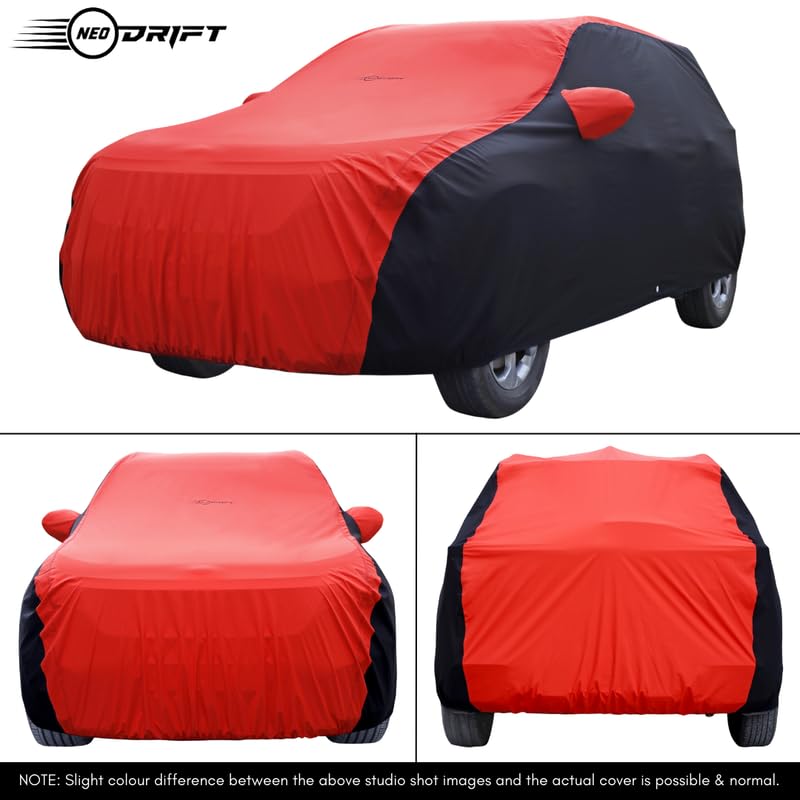 Image of NEODRIFT 'SuperTech' Car Cover for Mahindra BE 6E (100% Water-Resistant, All Weather Protection, Tailored Fit, Multi-Layered & Breathable Fabric) (Colour: Red+Black)