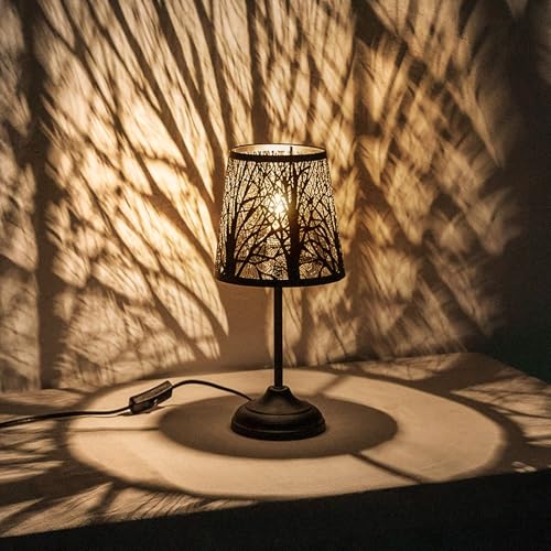 Black Metal Tree Shadow Table Lamp, Vintage Rustic Bedside Lamp,