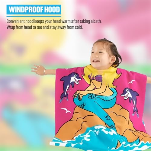 Image of TONY STARK Poncho Towel for Kids, Beach Towel with Hoodie, 60x60cm Travel Towel for 1-7 Years Girls and Boys, Soft Microfiber Sleeved Poncho (Mermaid Lagoon Dreams)
