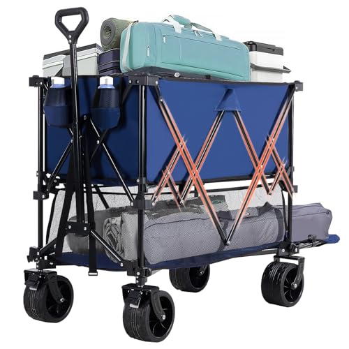 Image of DUMOS 440LBS Heavy Duty Double Decker Wagon Cart with Extender, 400L Large Capacity Collapsible Folding Wagons with Brakes, Adjust Handle, All-Terrain Big Wheels for Garden Shopping Camping - Blue
