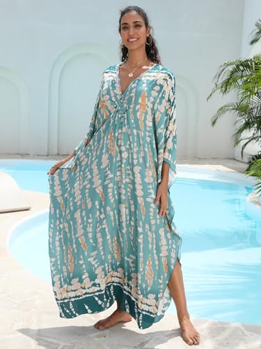 Image of IMAGEKOPE Women's Plus Size Animal Print V-Neck Batwing Kaftan Beach Dress Bathing Suit Cover-Up Loungewear