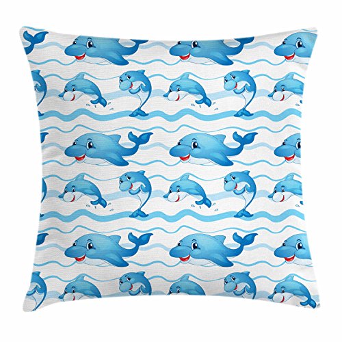 Lunarable Sea Animals Throw Pillow Cushion Cover, Smiling Happy Cartoon Style Ocean Characters Cheerful Joyful, Decorative Square Accent Pillow Case, 36