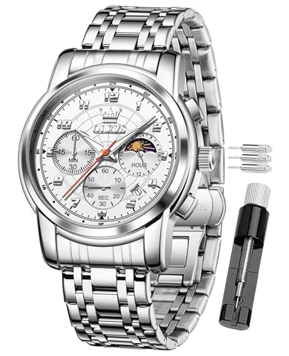 Image of OLEVS Mens Watches Luxury Analogue Chronograph Quartz Waterproof Dress Watch Stainless Steel Date Moon Phase Luminous Business Casual Wrist Watch for Men (（2983） Silver Steel Strip White dial)