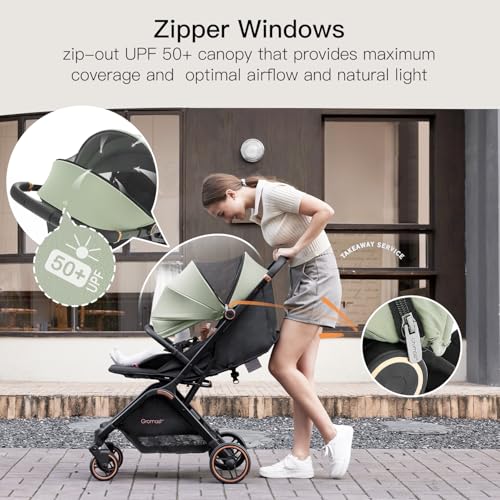 Gravity Folding Baby Stroller - Portable Travel Toddler Stroller w/Adjustable Backrest, Canopy & Cup Holder, Lightweight and UV Protected, One-Hand Automatic Folding - Green - Image 5