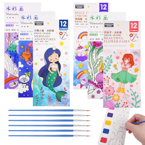 6 Piezas Libro Pintar con Agua, 72 Páginas Libros para Colorear con Acuarelas, Pintura con Libros de Agua con Pincel, Compacto y Portátil Libro Colorear para Largos Viajes en Coche, Vacaciones
