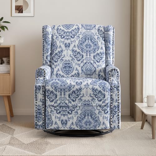 Image of Swivel Rocker Recliner Chairs Set of 2, 360 Swivel Wingback Recliner Chairs for Adults, Upholstered Printed Fabric Glider Rocking Chair with High Back, Deep Seat for Living Romm Bedroom, Navy