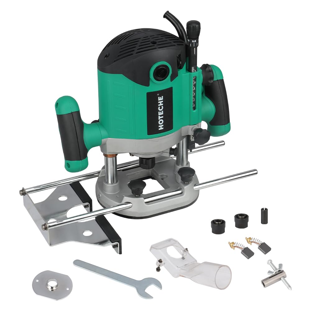 Hoteche 2100W 12MM Oberfräse, 8000-23500 U/min, 55MM Arbeitstiefe, Aluminium-Grundplatte, inkl. Zubehör