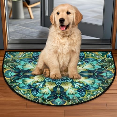 Image of cfpolar Half Round Door Mat Turquoise Mandala Flower Non-Slip Semi Circle Area Rug Washable Half Moon Hearth Rugs for Indoor Outdoor Bathroom Kitchen Patio Runner Mat Laundry Room Home Decoration