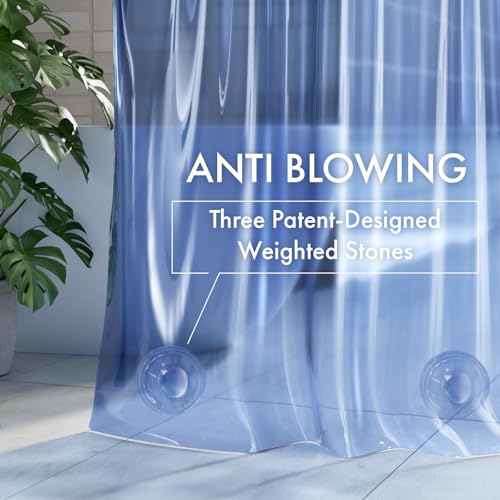 Image of AmazerBath No Hook Shower Curtain and Liner 3-in-1, Luxury Heavy Duty Clear Blue No Hook Shower Liner, 72x75 100% EVA Hookless Shower Curtain with 3 Heavyweight Stones