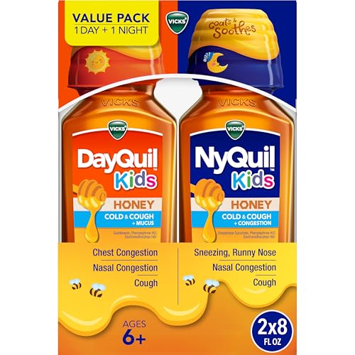 Vicks Kids DayQuil & NyQuil Honey Cold & Cough + Congestion Relief Co-Pack for Nighttime & Daytime Cough & Congestion Flavored with Real Honey for Children Ages 6+ 2-8 OZ Bottles