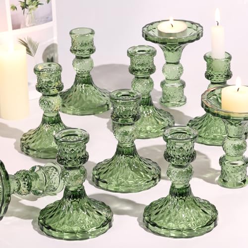 Simeitol Glass Candle Holder Set of 12, Green Taper Candle Holders Bulk, Vintage Candlestick Holders, Candle Stick Holder for Table Centerpieces, Wedding, Festival & Home Decor