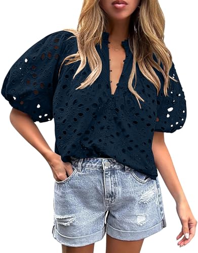 BETTE BOUTIK Women's Long Short Sleeve Tops 2025 Dressy Casual Button Hollow Out Lace Embroidered Blouses Shirts