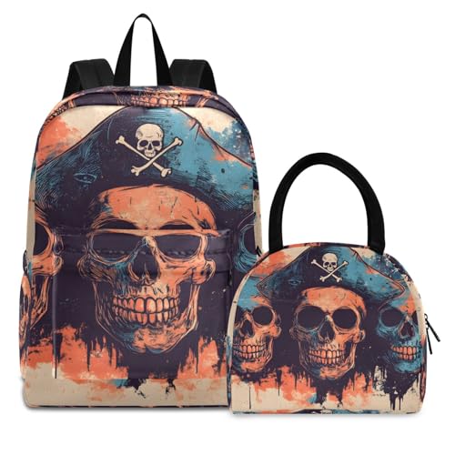 Backpack Lunch Box Set Large Capacity Travel Backpacks and Insulated Lunch Bag for Commute Hiking Picnic Skulls Pirates Print
