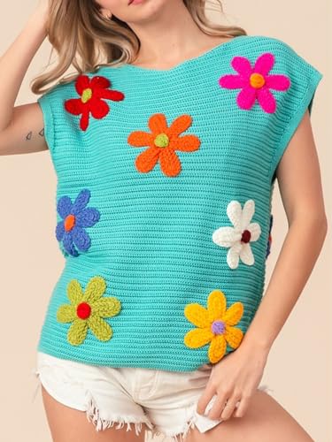 Image of Joiemont Womens Crochet Flower Embroidery Knit Top Sleeveless Round Neck Knit Sweater
