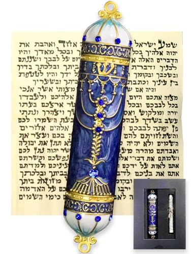 Zivosely Exquisite Enamel Design Mezuzah with Scroll, Easy Install Use Double-Sided Tape, Royal Blue Mezuzah for Door with Crystal Diamond Accent for Any Memorable Jewish Occasions, 3.8”