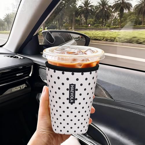 Image of Reusable Insulated Neoprene Iced Coffee Cup Sleeve, Durable Drink Sleeve for Cold Beverages, Beverage Holder for Iced Coffee, Black Polka Dots