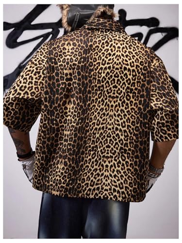 SHENHE Men's Summer Leopard Print Shirt Full Zip Up Short Sleeve Baggy Shirt Streetwear Top3