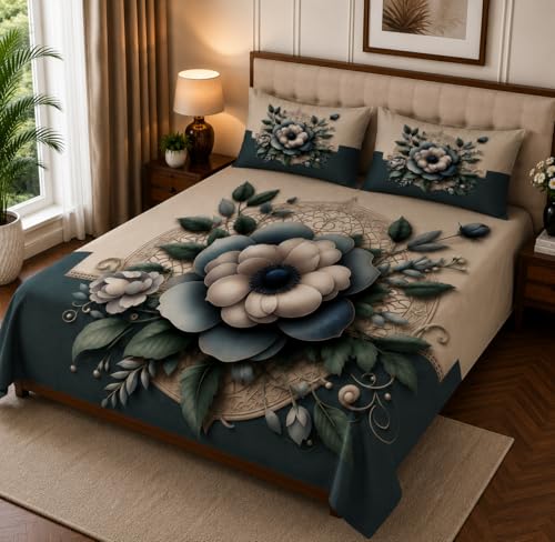 Image of 7D Digital Printed King Size Bedsheet with 2 Pillow Covers | Soft Premium Cotton Feel Microfiber Double Bed Bedsheet | Breathable, Wrinkle Free & Fade Resistant | (Floral, KingSize-225x250CM)