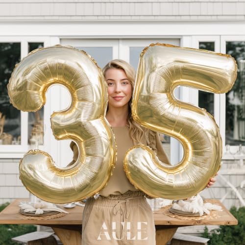 Image of AULE 40 Inch Large 35 Balloon Numbers Light Gold, Big Foil Number Balloons, Giant Helium 53 Happy Birthday Party Decorations for Man and Women, Huge Mylar Anniversary Party Supplies